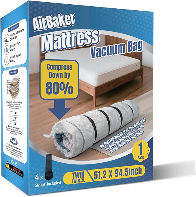 Vacuum Storage Bags for moving, Vacuum Seal Bags for Memory Foam, Latex, Clothing & Bedding, Space Saver Bags(1 Twin/Twin XL)