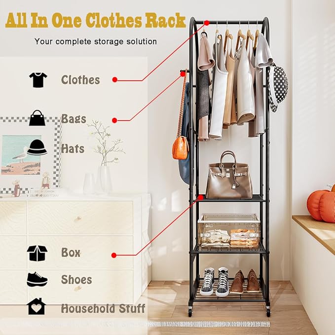 SUOERNUO Clothes Rack With Wheels and 3-Tier Metal Shelves,Clothing Rack For Hanging Clothes With 4 Hooks,Garment Rack Wardrobe Organizer for Small Space,Black (black, 16.54 * 18.23 * 72.05)