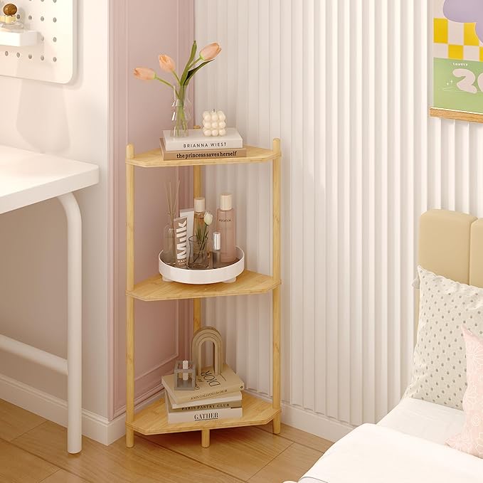 Wisuce Corner Shelf Stand - 3 Tier Bamboo Small Corner Bookshelf for Office Kitchen Bedroom Plant Stand Living Room Decor Small Space (Nature)