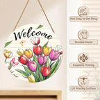 Spring Summer Welcome Sign for Front Door Decor Spring Flower Wall Hanging Sign Spring Decorations Floral Wooden Wreath Farmhouse Door Hanger Sign for Spring Summer Party Indoor Outdoor Decor 12 Inch