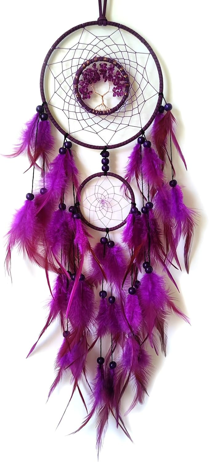 Purple Dream Catcher Wall Decor Crystal Tree of Life Dream Catchers Handmade Feather Dreamcatcher Wall Hanging Ornament for Bedroom Living Room Home Decor