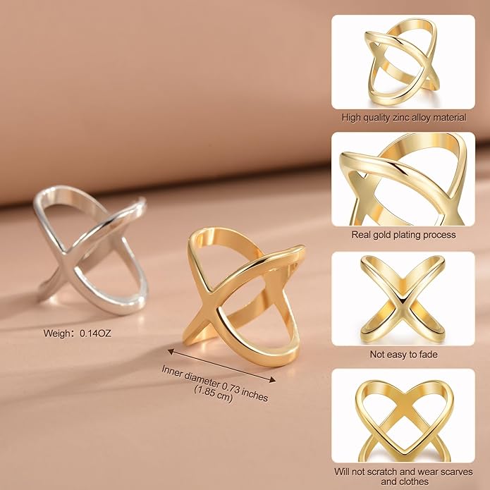 SYWDUDUCLT Scarf Ring for Women's Shawl, Silk Neckerchief, Tshirt, Gold/Sivler, S/M/L, 2 Pcs