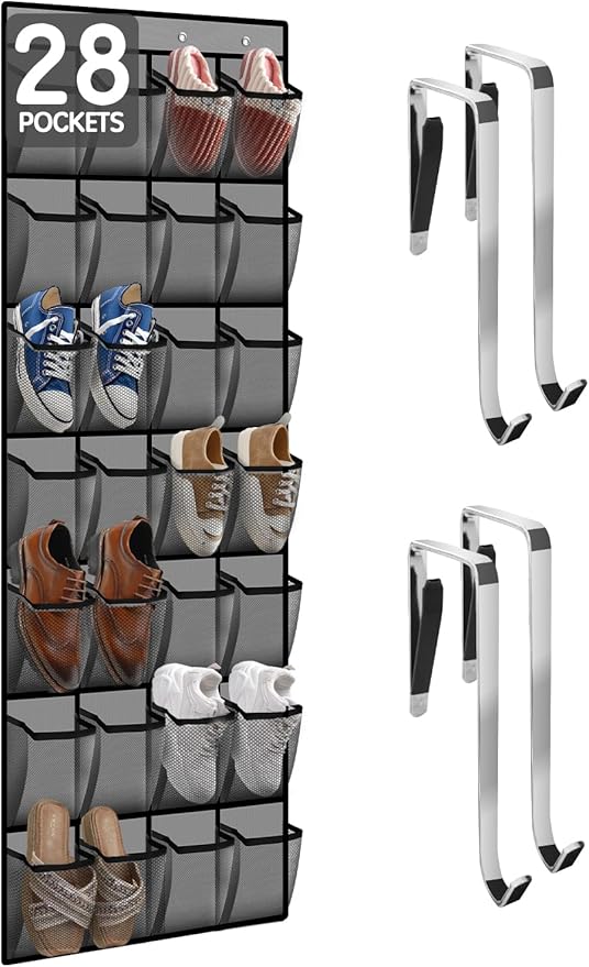 28 Compartment Over the Door Shoe Organizer, Breathable Mesh Large Shoe Rack for Closet Storage, Space Saving Hanging Shoe Holder with Reinforced Hooks (Fits Men & Women,Gray-01)