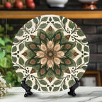 Decorative Plates for Display 10" Earthy Toned Floral Mandala Green Brown Leaves Ceramic Ornament with Display Stand and Hook Up for Wall Decor Hanging Festival Wedding Gift