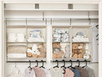 StorageWorks Hanging Closet Organizer with Metal Rod, 4-Section Closet Organizers and Storage, Collapsible Hanging Shelves for Baby Clothes, Shoes, Sweater Storage, Ivory and White