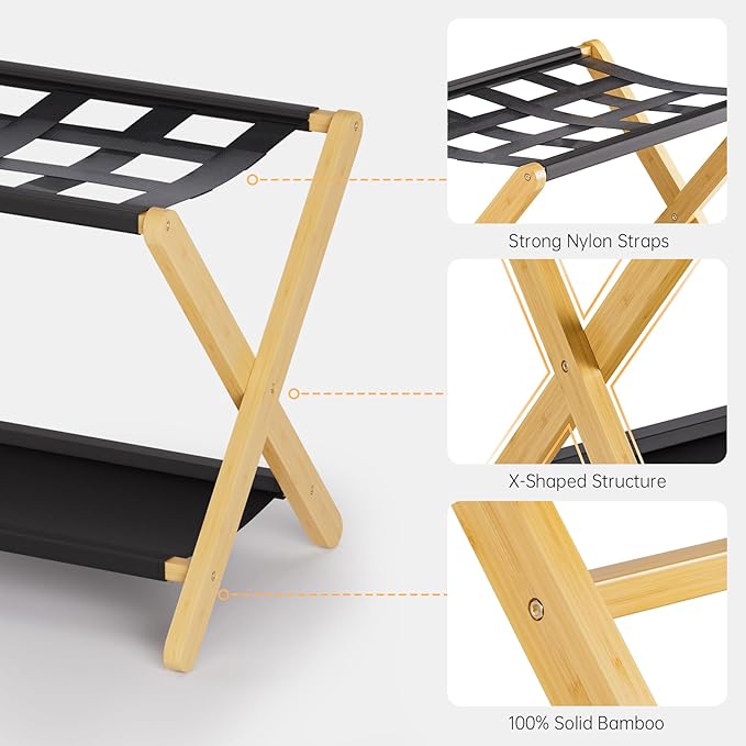 HITNET Luggage Rack, Folding Suitcase Stand for Guest Room, Bamboo Luggage Holder with Storage Shelf for Hotel Bedroom, Natural