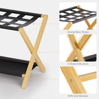 HITNET Luggage Rack, Folding Suitcase Stand for Guest Room, Bamboo Luggage Holder with Storage Shelf for Hotel Bedroom, Natural