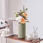 Green Ceramic Flower Vase for Pampas Grass, 8 inch Small Decorative Centerpiece Ribbed Vase for Dining Table, Office Desktop, Shelf Bookshelf, Mantel, Entryway, Bathroom, Countertop, Farmhouse, Gift