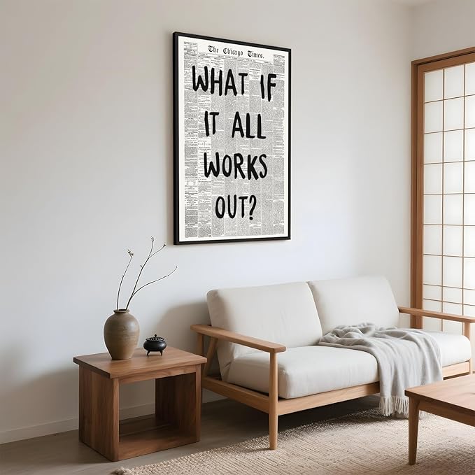 Framed What If It All Works Out Wall Art Black and White Retro Newspaper Poster Positive Motivational Canvas Print Painting Inspirational Quote Picture Decor for Office Home Bedroom Dorm 24x36inch