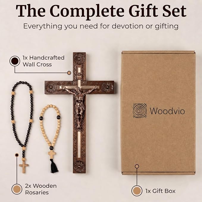 Woodvio - Hand carved wooden wall cross, Catholic crucifix