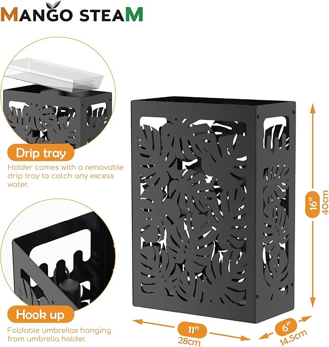 Mango Steam Monstera Umbrella Holder Stand for Home or Office Entryways (Black, Monstera)