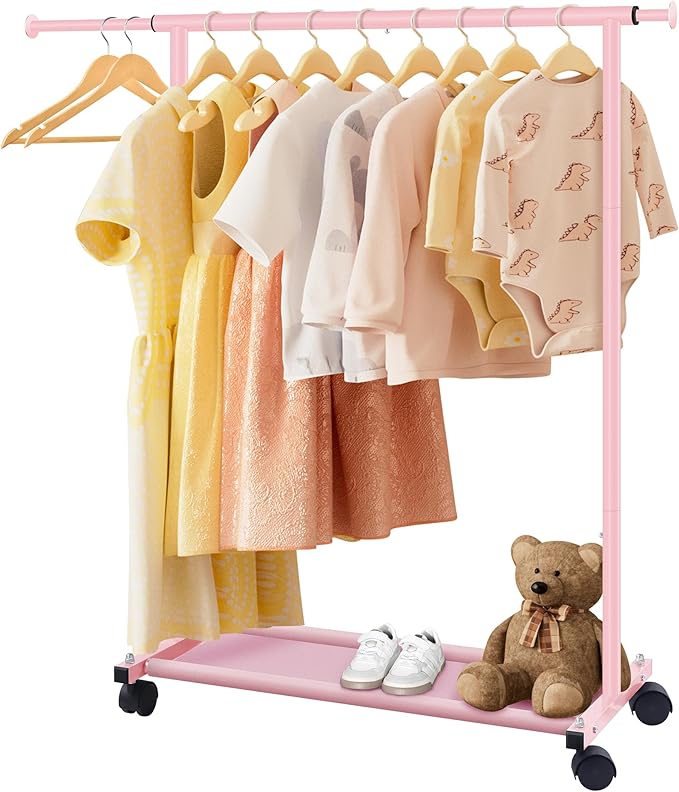 MISSLO Small Garment Racks for Hanging Clothes Rack Mini Kids Clothing Rack Rolling Dress up Storage for Toddler, Baby, Little Girl, Children, Adult(Pink)