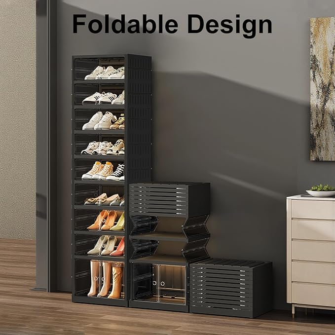 Shoe Rack Organizer for Closet Entryway Foldable Sneaker Storage Shoe, Collapsible Shoe Cabinet, Stackable Shoe Storage Cabinet with Lids for Living Room (9 Tiers -18 Pairs Black)