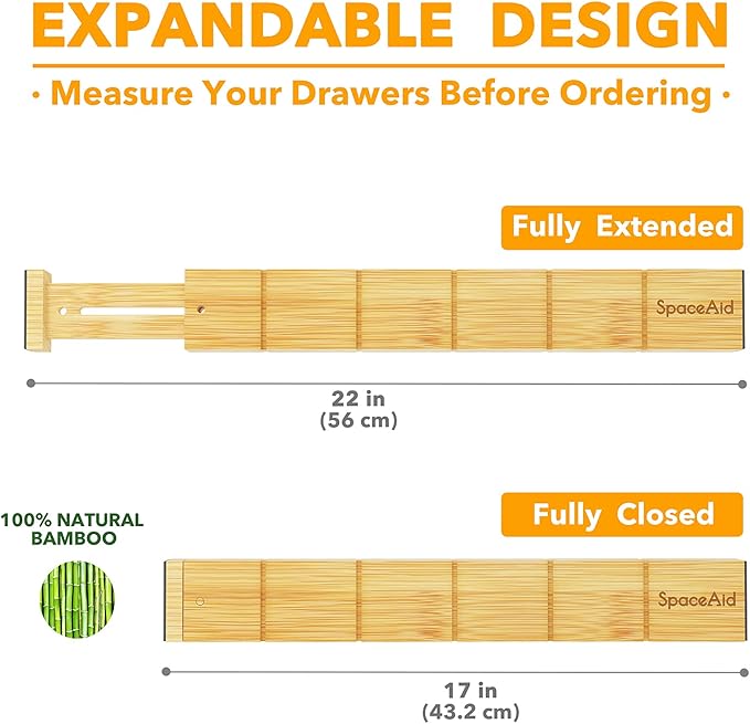 SpaceAid Bamboo Drawer Dividers with Inserts and Labels, Kitchen Adjustable Drawer Organizers, Expandable Organization for Home, Office, Dressers and Bathroom, 8 Dividers with 18 Inserts (17-22 in)