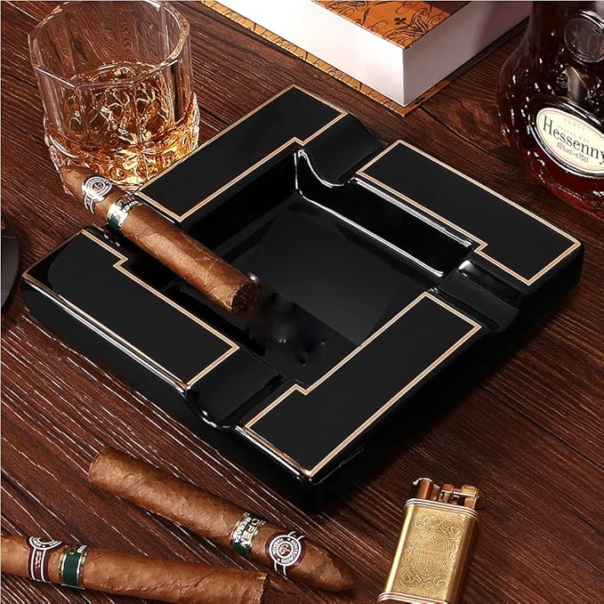 Cigar Ashtray Large Ceramic Cigarettes Ash Tray Black Cigars Ashtrays for Men travel, Indoor, Outdoor, Patio, Home, Office, Gift