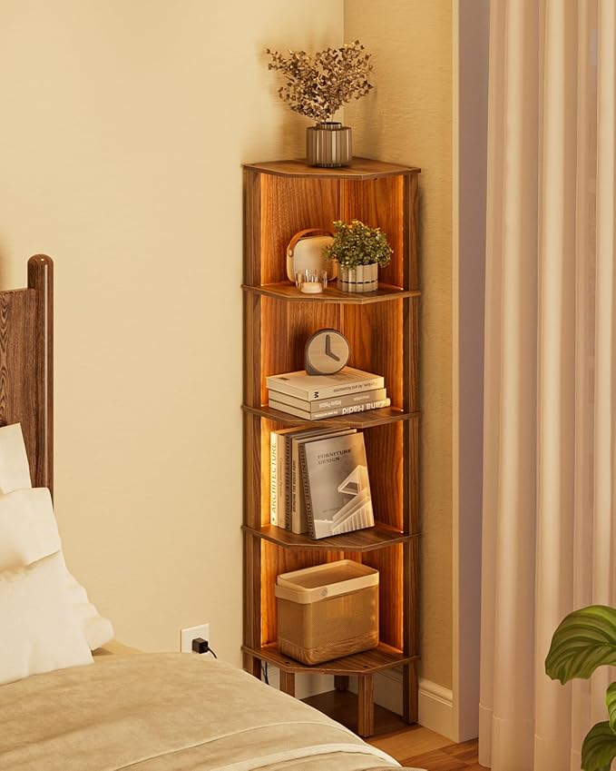 Corner Shelf Stand, 5 Tier Corner Bookshelf,Corner Furniture for Bedroom Display Corner Shelf for Small Space,Wood Shelves with Storage Rack for Living Room,Office,Walnut