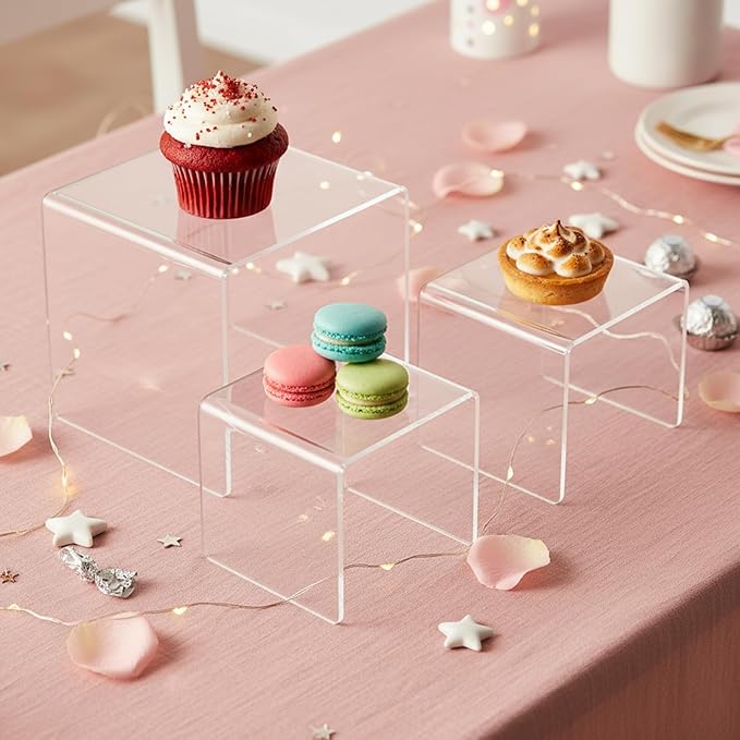 Chuangdi 2 Sets Acrylic Display Risers, Product Stand, Jewelry Display Riser Shelf Showcase Fixtures for Dessert Cupcake Candy Figure Treat Action Showcase(Clear,Medium Set)
