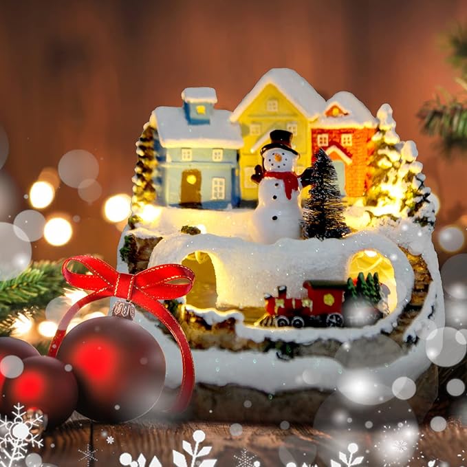 Christmas Village Figurines Musical Snow Globe Christmas Collectible Buildings Decoration with Spinning Train 8 Music & LED Light for Christmas Home Decor Gift Santa Claus (Snowman) (W01)