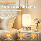 LightRound Cordless Table Lamp for Bedroom, 7500mAh Rechargeable Small Battery Lamp, Modern Touch Dimmable Wireless Lamp Brushed Nickel Base White Glass Shade for Living Room, Desk, Led Bulb Included