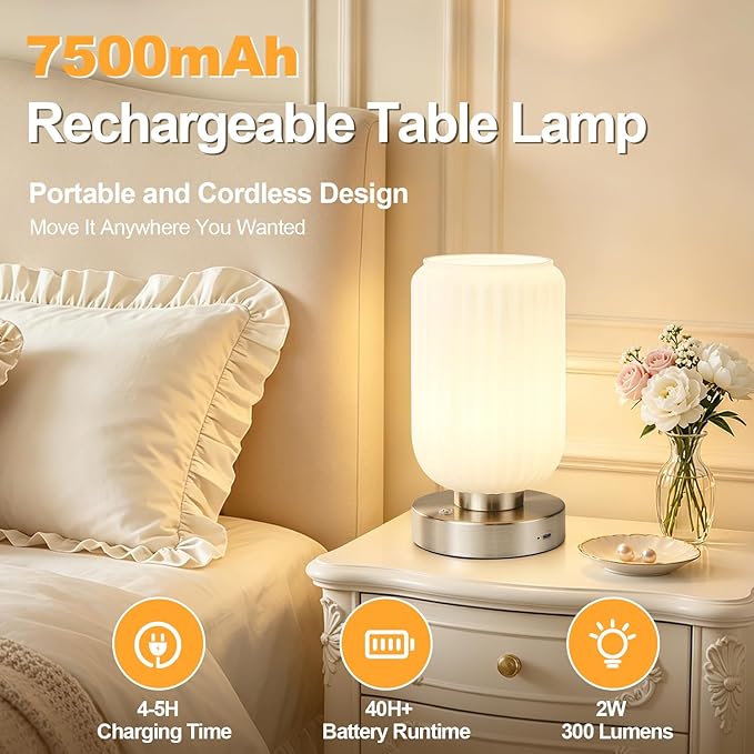 LightRound Cordless Table Lamp for Bedroom, 7500mAh Rechargeable Small Battery Lamp, Modern Touch Dimmable Wireless Lamp Brushed Nickel Base White Glass Shade for Living Room, Desk, Led Bulb Included