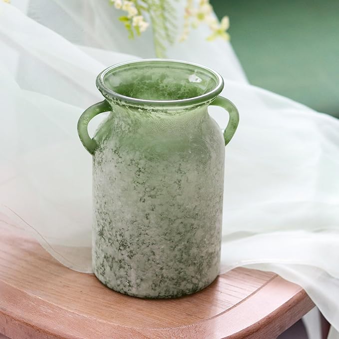 Glass Flower Vase with Handle – 8 Inches Rustic Imitation Ceramic Vase for Flowers, Vintage White Green Centerpiece Decor for Farmhouse, Modern Home, Table & Holiday Decorations