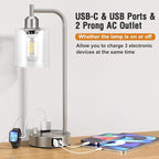 Industrial Table Lamps for Bedrooms Set of 2 - Fully Dimmable Bedside Lamps with USB A and C Ports and Outlet, Nickel Nightstand Lamps with Glass Shade for Living Room, Desk Lamps for Office Reading