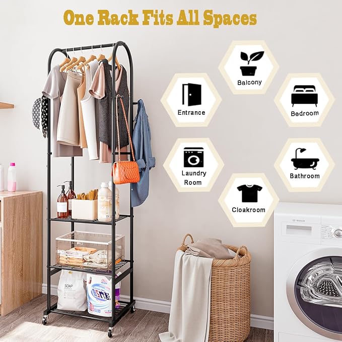 SUOERNUO Clothes Rack With Wheels and 3-Tier Metal Shelves,Clothing Rack For Hanging Clothes With 4 Hooks,Garment Rack Wardrobe Organizer for Small Space,Black (black, 16.54 * 18.23 * 72.05)