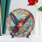 Decorative Plates for Home Decor, Colorful Stained Glass Design Hummingbird Decor Tray for Table Display, Ceramic Dinner Plate W/Stand, Living Room Decor, Gifts for Hummingbird Lovers, 10 Inch