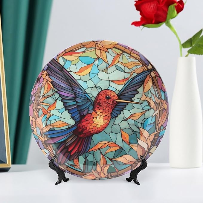 Decorative Plates for Home Decor, Colorful Stained Glass Design Hummingbird Decor Tray for Table Display, Ceramic Dinner Plate W/Stand, Living Room Decor, Gifts for Hummingbird Lovers, 10 Inch