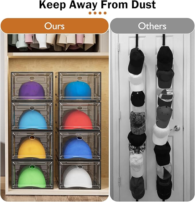 YKLSLH Hat Organizer Box, 6 Boxes for 40 Pack Hats, Upgrade Harder Solid Plastic Hat Organizer for Baseball Caps, Clear Hat Storage with Magnetic Door, Hat Rack Holder Case, Black