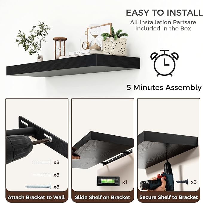 Venusmiles Floating Shelves for Wall, 40" W x 12" D x 2" H, 1 Pack of Long Wall Mounted Engineered Wood Shelves with Invisible Brackets for Living Room, Bedroom, Bathroom, Kitchen Decor, Black