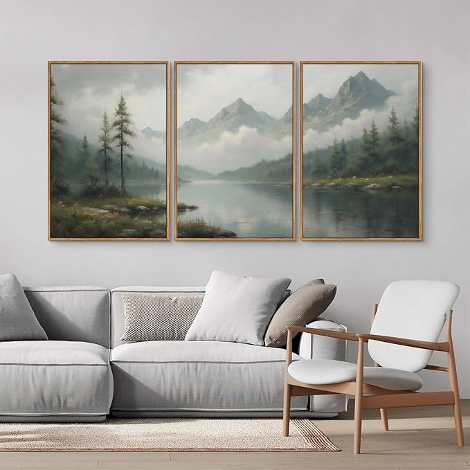 SIGNINART Large Green Forest Framed Canvas Wall Art Set, Misty Mountain Lake Wall Decor, Modern Foggy Wood Landscape Artwork, Nature Oil Painting Art Print for Living Room, Bedroom, Office 24"x36"x3