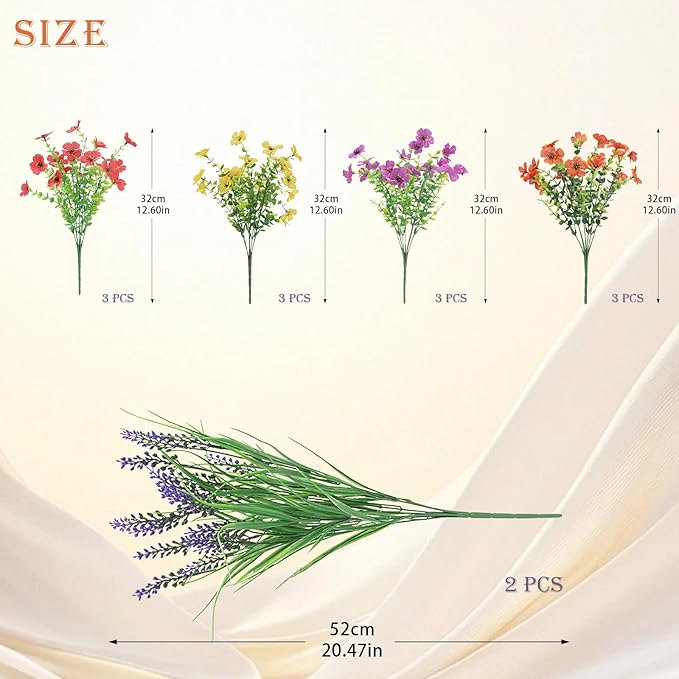 INQCMY Artificial Flowers for Outdoors UV Resistan 12 Pcs Silk Daisies with Eucalyptus Leaves and 2 Pcs Lavender Suitable for Porch Balcony Courtyard Garden (Red Lotus Orange Yellow Red)