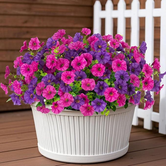 12 Bundles Morning Glory Artificial Flowers for Outdoor Decoration UV Resistant Fake Plastic Plants Artificial Greenery for Indoor Outdoor Garden Patio Window Box Home Decor