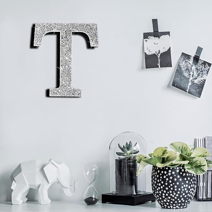 Qunclay 12'' Silver Crystal Diamond Bling Letters Crushed Diamond Decoration Wooden Glitter Letter with Screw and Hooks Rhinestone Gift for Wedding Y2k Mcbling Bedroom Wall Decor (Letter T)