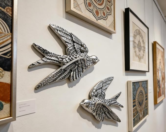 AMOIENSIS Bird Wall Sculpture Art, (Set of 2) 4¾ inch Resin Metallic Silver Bird 3D Sculpted Floating Hanging Wall Sculpture Decoration