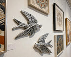 AMOIENSIS Bird Wall Sculpture Art, (Set of 2) 4¾ inch Resin Metallic Silver Bird 3D Sculpted Floating Hanging Wall Sculpture Decoration
