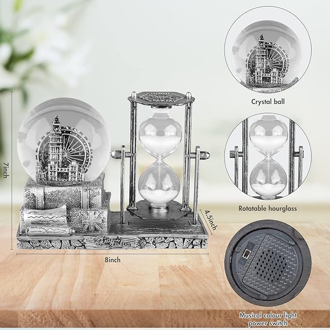 LED MusicCrystal Snow Globe， Sand Timer ，Hourglass,Home Decor,Table Decor for Living Room ，Office Desk Decorations[ Silver Ferris Wheel ]