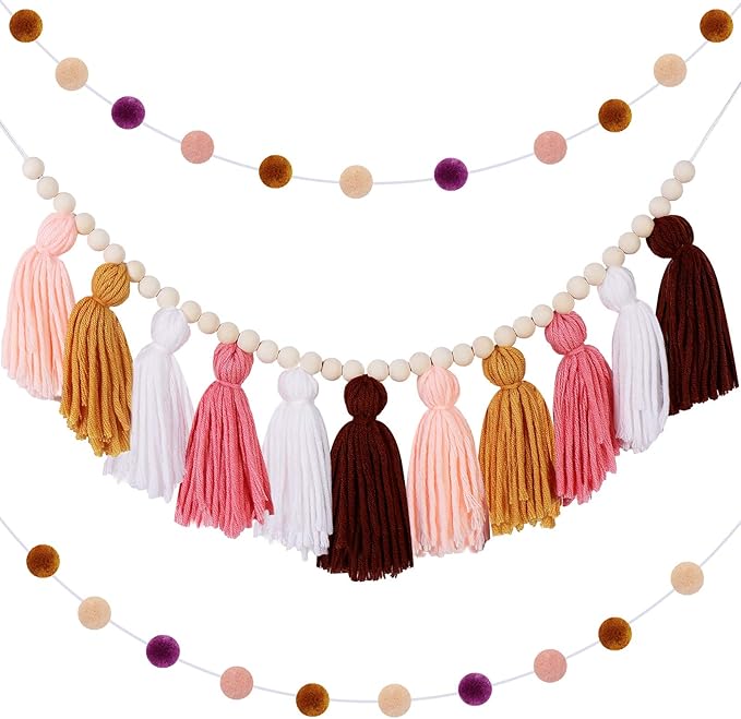 Syhood 3 Pcs Boho Tassel Garland Wall Hanging Decor 1 Boho Tassel Garland with Wood Beads and 2 Western Colorful Pom Pom Ball for Classroom Party Wedding Baby Shower Home Decorations(Soft Colors)