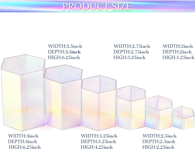 Jetec 12 Pcs Hexagonal Jewelry Display Risers Hexagonal Market Display Risers Stands Acrylic Showcase Acrylic Stand for Jewelry Model Figures Decoration, 6 Sizes (Rainbow Color)