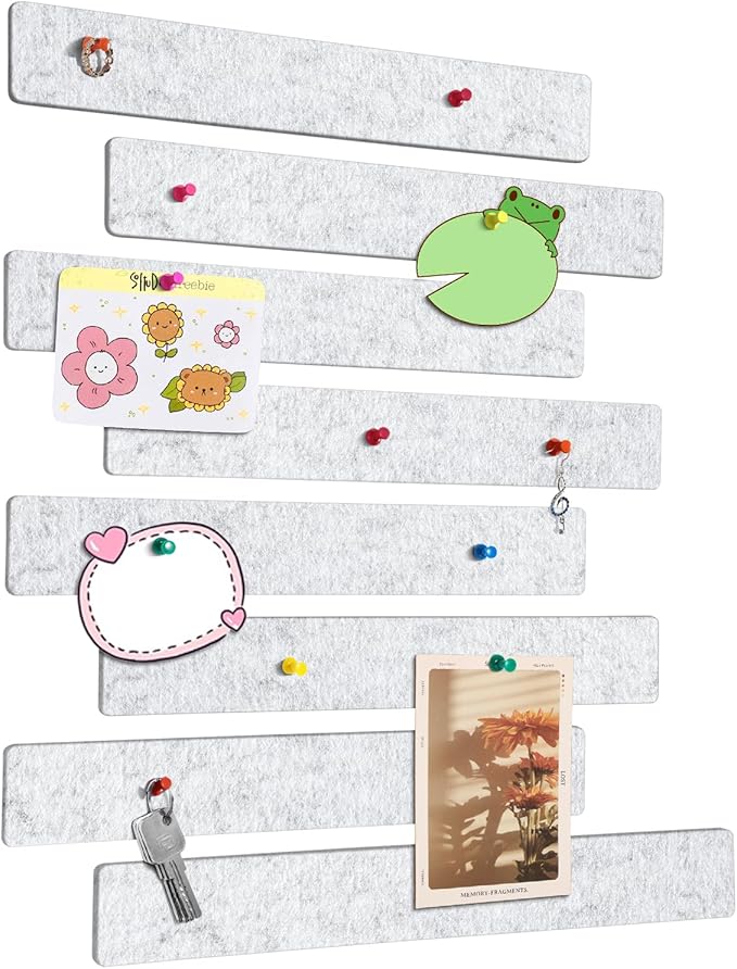 Cork Board for Walls - 8 Pack Felt Pin Board Bar Strips - Self-Adhesive Lightweight Bulletin Board - Cork Board for Office with 40 Push Pins No Damage for Wall (Light Grey)