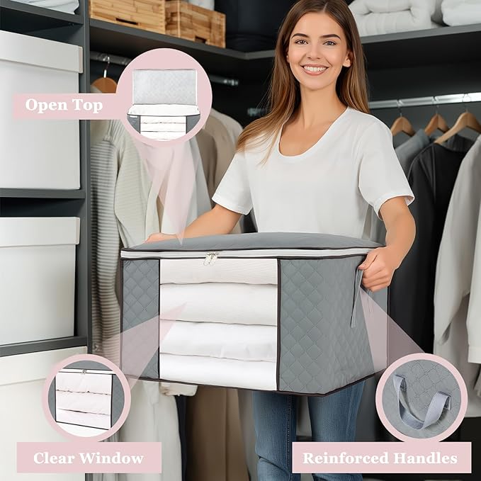 combocube Comforter Storage Bag, Zippered Bag with Large Clear Window and Carry Handles, Space Saver Organizers for Closet, Blanket, Pillow, Quilt, Bedding, Clothes (2Pcs Grey Large)
