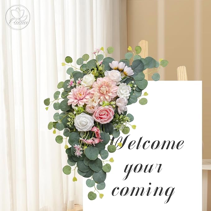 Odouzy Artificial Wedding Arch Flowers for Wedding Sign,Set of 2 for Welcome Ceremony Sign,Faux Floral Swags, Banquet and Reception Backdrop Floral Decoration (Pink)