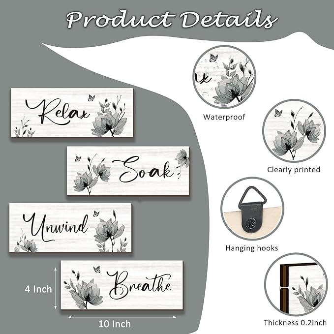 ONIZHITY Set of 4 Black Bathroom Decor With Black Flower Wall Art Inspire Relax Soak Unwind Rustic Farmhouse Wooden Wall Art Ideal for Women's Bedroom, Office, Living Room, Kitchen (10x4)