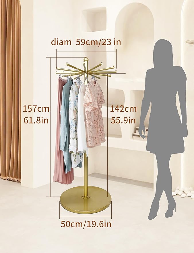 23 Inch Rotating Scarf Display Rack,Metal Purse Rack with 12 Hooks & Adjustable Base, 100 LBS Capacity, Freestanding Premium Retail Handbag Rack for Home & Commercial Use,Gold