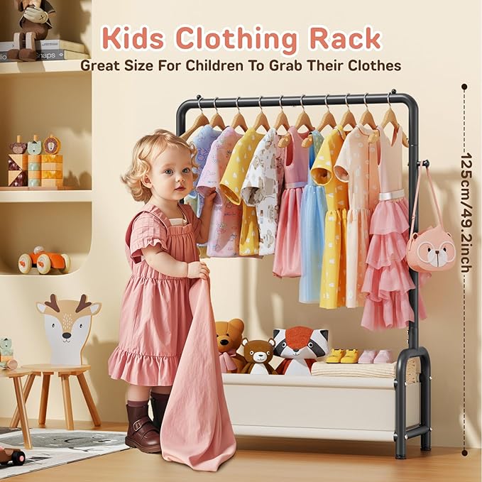 Kids Clothing Rack with Storage Shelf, Kids Dress Up Storage for Coats, Small Baby Garment Rack for Hanging Clothes, Toddler Wardrobe Closet Organizer (Classic, Black)