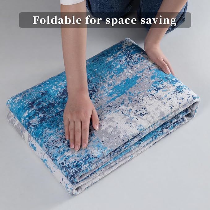 Ciicool Modern Abstract Rug for Living Room, 5'x7' Machine Washable Area Rug Non-Slip Rug, Low-Pile Contemporary Indoor Dining Floor Carpet for Bedroom Office Under Table Home Decor Grey Blue
