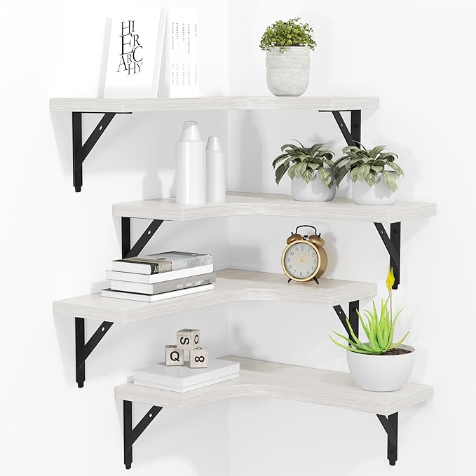 ROMGUAR CRAFT Corner Floating Shelves Wall Mounted Set of 4, Rustic Wood Storage Display Shelves for Home Decor, Bathroom, Kitchen, Bedroom, Living Room, Office (White)