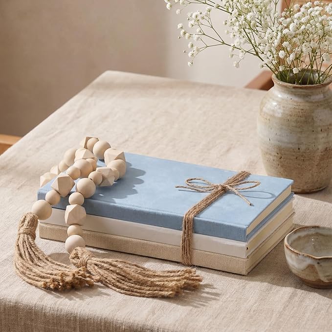Feifeiya 3 Pieces Faux Decorative Books Set for Home Decor Fake Book for Shelves Coffee Table Stacked Linen Covered Display Notebook with Wood Bead Bookend Gift for Living Room(Gray Blue)