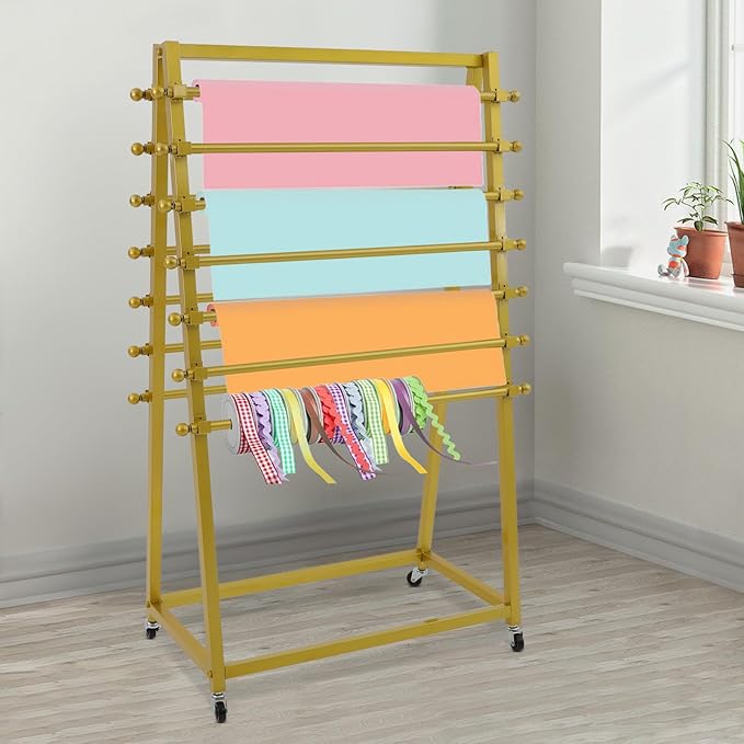 15 Tier Ribbon Holder Organizer Rack, Movable Scarf Towel Holder, Double-Sided Scarf Rack with Lockable Wheels, Floor Standing Ribbon Organizer for Craft Room Cake Shop Flower Store (Gold)